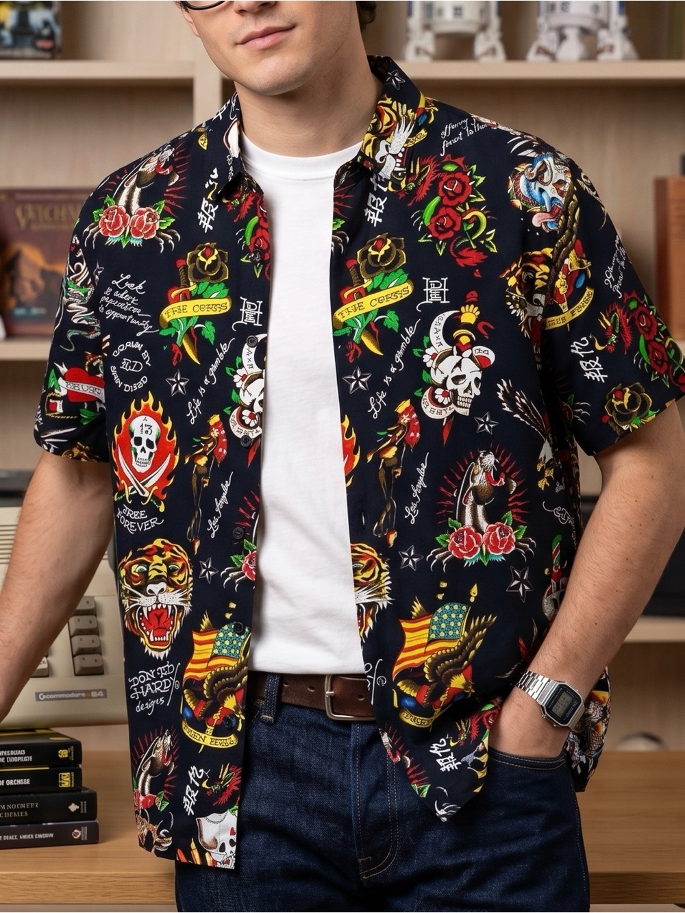 Ed Hardy Tattoo Button Up Shirt Men's Medium Collared AOP Multicolor Skull